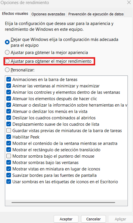 Ajustar apariencia y rendimiento en Windows 11