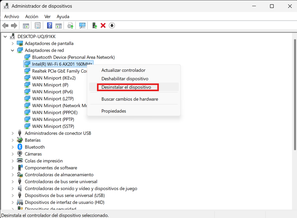 no funciona el WiFi en mi portátil administrador dispositivos