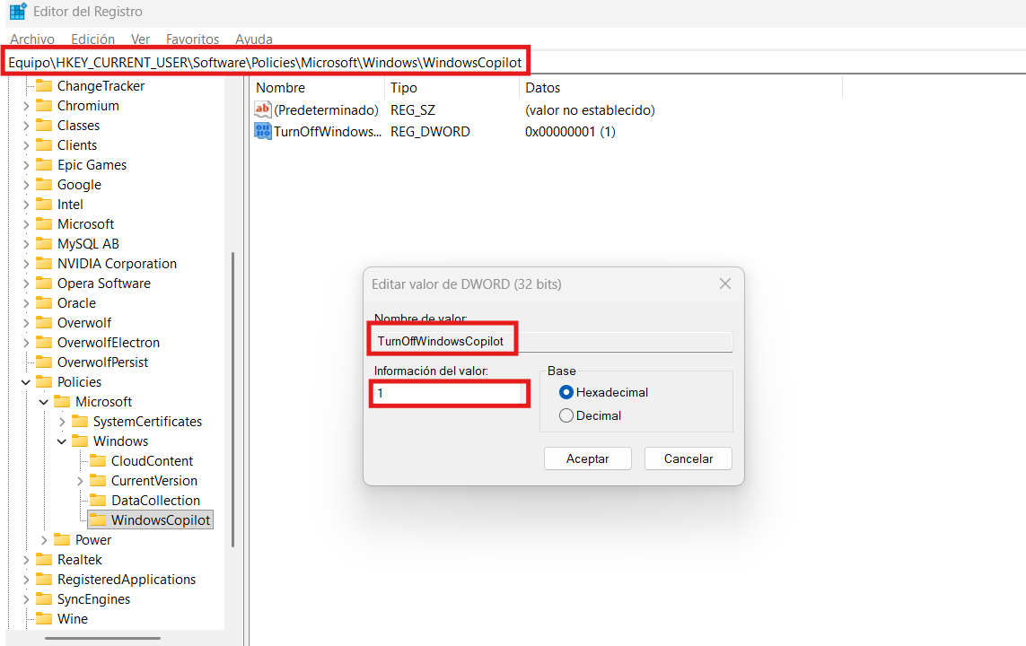 desactivar funciones de ia windows 11 regedit