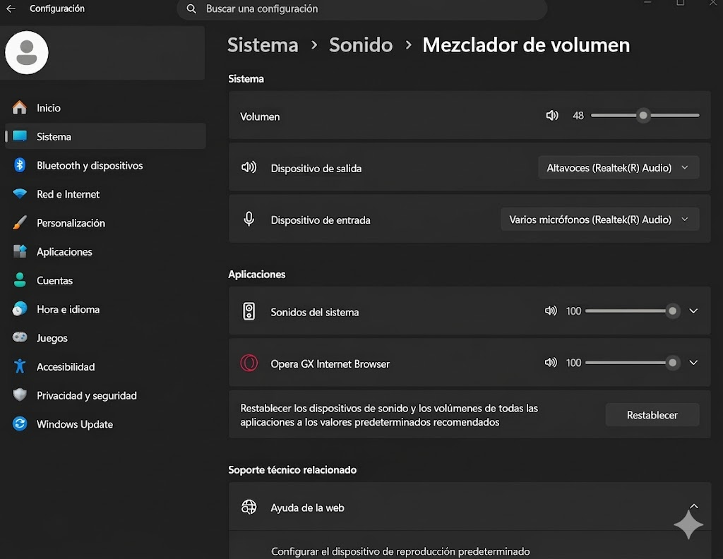 no funciona el sonido en Windows 11 mezclador volumen