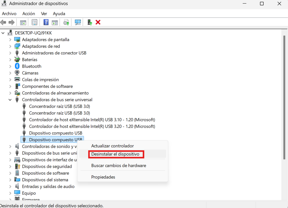USB no detectado en Windows administrador dispositivos