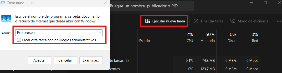 Ejecutar explorer.exe pantalla negra windows