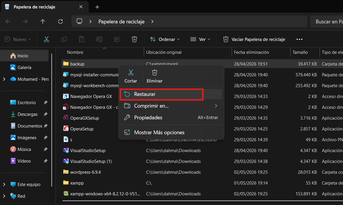 Opciones de restauración en la papelera de reciclaje de Windows